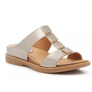 Sofft Womens Blaire Wedge Sandal US 7.5 M Taupe Silver Metallic Leather NWOB